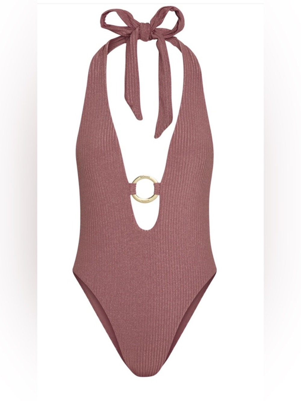 Monday Swimwear Montego HalterOne Piece Mauve Lurex Rib Gold Ring Size S NWT